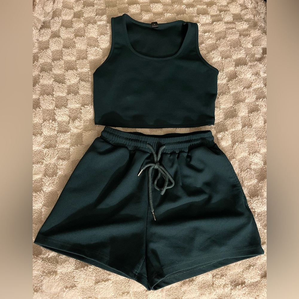 SHEIN Deep Green Ribbed Tank & Elastic Shorts Set